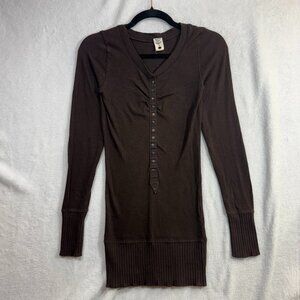 Free People XS/TP Brown Henley Tunic Top Ribbed Trim Grunge Baselayer Boho 90s